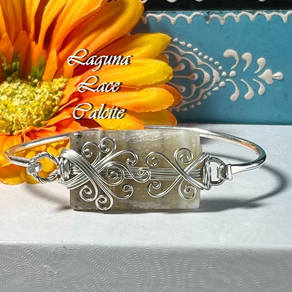 Laguna Lace Calcite Bangle Bracelet Cuff Handmade Silver Plated Wire Wrapped New - Picture 8 of 8